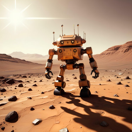 3D rendering of a robot in the desert with the sun in the backgroundの素材