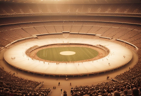 Aerial view of a large empty baseball stadium with fans in the backgroundの素材
