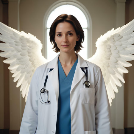 Portrait of a beautiful young female doctor with a white angel wingsの素材