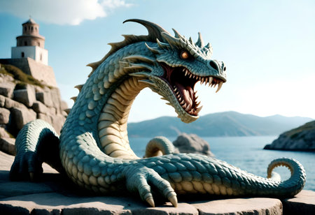 Dragon statue in front of a lighthouse in San Sebastian, Spain.の素材