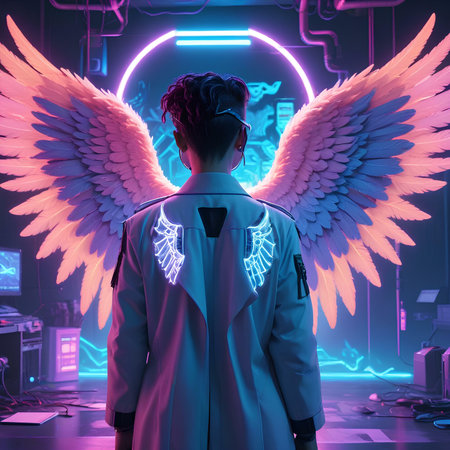 portrait of young man with angel wings in neon lights. 3d renderingの素材