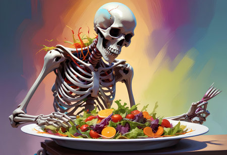 Human skeleton eating vegetable salad. 3D illustration. Halloween concept.の素材
