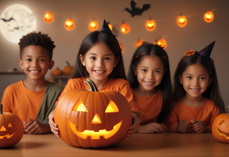 Cute little children with carved halloween pumpkin at table indoorsの素材