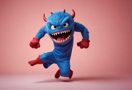 3d illustration of a cute cartoon monster running, 3d renderingの素材