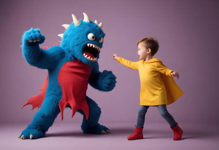 Cute little boy in a superhero costume is playing with a monster.の素材