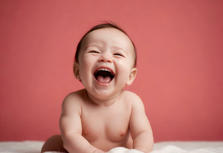 Cute baby laughing and looking at camera on pink background with copy spaceの素材