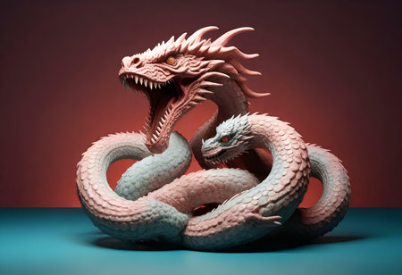 3d rendering of a pink dragon isolated on a red background.の素材