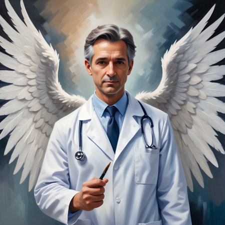 Portrait of a male doctor with a stethoscope and angel wings.の素材