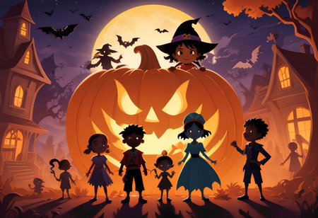 Halloween background with children in costumes and pumpkins. Vector illustration.の素材