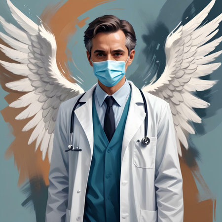 Doctor with a stethoscope and angel wings on a colorful backgroundの素材