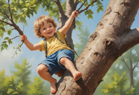 Cute little boy climbing a tree on a sunny spring day.の素材