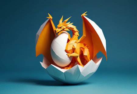 White egg with crumpled paper in the form of a dragonの素材