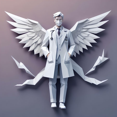 Female doctor with white paper wings and stethoscope. 3d renderingの素材