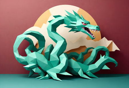 3d rendering of a green dragon on a background of brown wallの素材