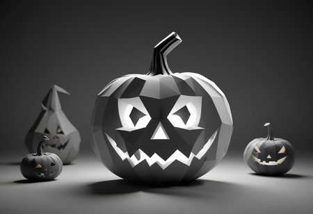 Halloween pumpkins with scary faces on dark background. 3d illustrationの素材