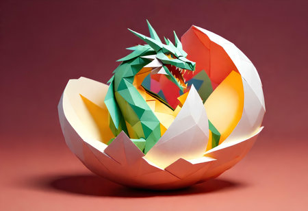 Colorful origami dragon in the egg shell on a pink backgroundの素材