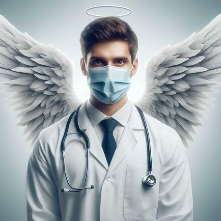 Handsome young doctor with stethoscope and angel wings.の素材