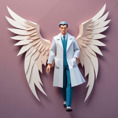 Funny doctor with wings on color background. 3D rendering.の素材