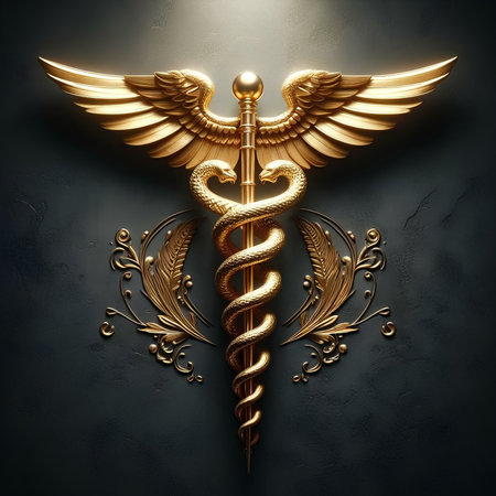 Golden Caduceus medical symbol with wings on black background. 3D renderingの素材