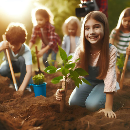 Cute little girl is planting a tree in the garden on a sunny day.の素材