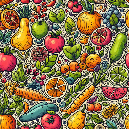 Cartoon hand-drawn fruits and vegetables seamless pattern. Colorful vector backgroundの素材