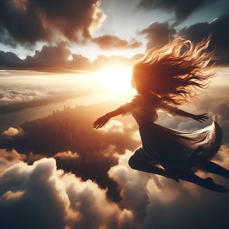 Young woman dancing in the sky above the clouds. 3d renderingの素材