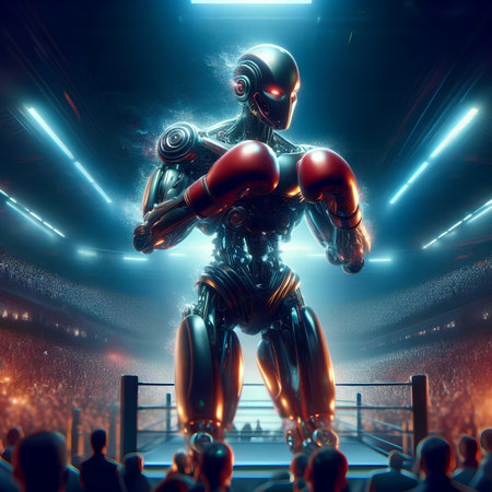 3D rendering of a female cyborg in a boxing ring.の素材