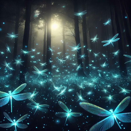 Mystical dark forest with glowing dragonflies. 3D renderingの素材
