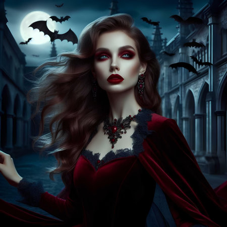 Beautiful vampire girl in the castle at night. Halloween theme.の素材