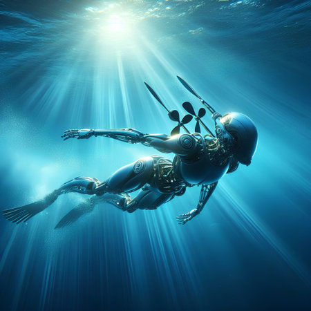 3D rendering of a female robot underwater in deep blue sea.の素材