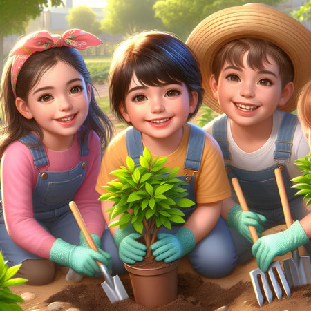 3D render of a group of children planting trees in the gardenの素材
