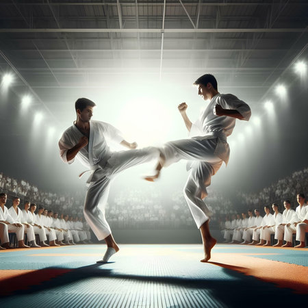 Two karate fighters fighting in arena with spotlights. Mixed mediaの素材