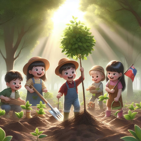 Children planting trees in the forest,3d rendering. Computer digital drawing.の素材