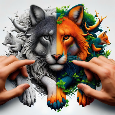 Creative collage of fox head with nature elements and human handsの素材