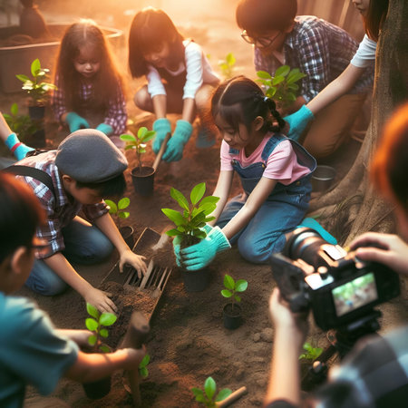 Group of asian young people planting tree together in the garden.の素材