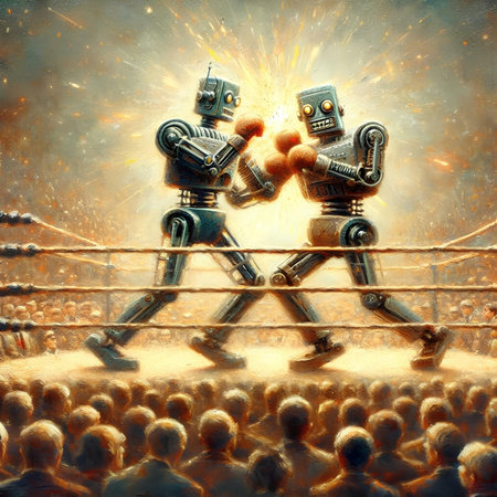 Robots fighting in a boxing ring. Illustration of the fight between robots.の素材