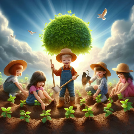 Group of children planting a tree in the soil. Nature concept.の素材