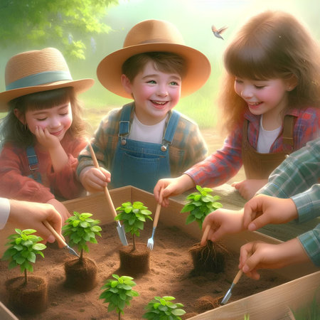 Group of children planting seedlings in a wooden box. The concept of environmental protection.の素材