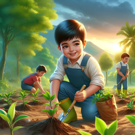 3D illustration of a young boy planting a tree in the gardenの素材