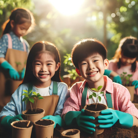Happy children are planting trees in the garden. They are smiling.の素材
