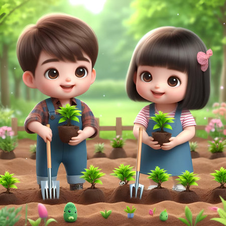 3d render of cute little boy and girl planting seedlings in the gardenの素材
