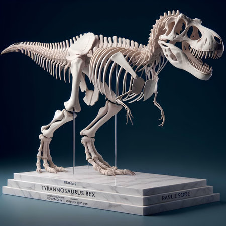 Dinosaur skeleton model on a pedestal. 3D illustration.の素材