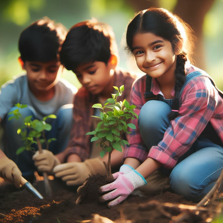 Group of children planting trees in the garden. Children planting trees in the garden.の素材