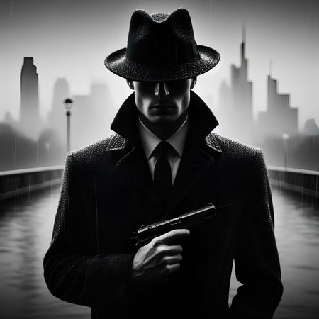 Man with gun and hat on city background. Black and white portraitの素材