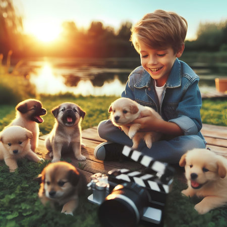 Cute little boy with cute puppies in summer park at sunset.の素材