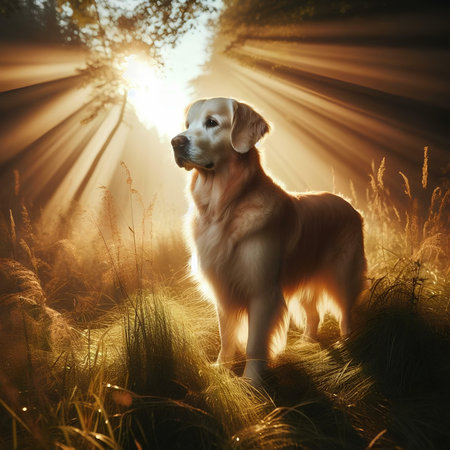Golden Retriever dog in the field at sunset with rays of lightの素材