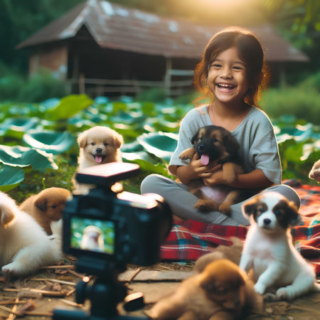 Little asian girl blogger with cute puppies and camera on nature backgroundの素材