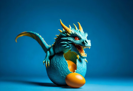 Blue dragon with egg on blue background. Copy space. Halloween concept.の素材