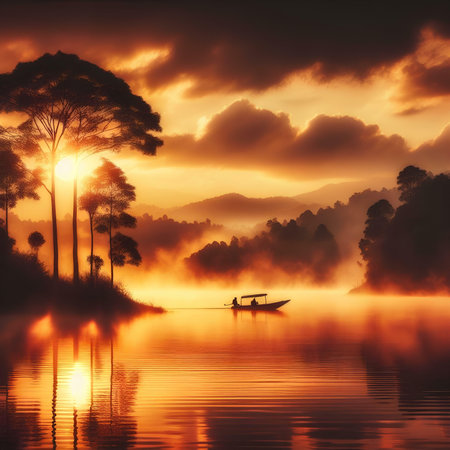 Foggy morning on the lake with wooden boat and pine treesの素材