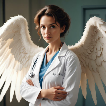 Portrait of a beautiful young woman doctor with a white angel wingsの素材